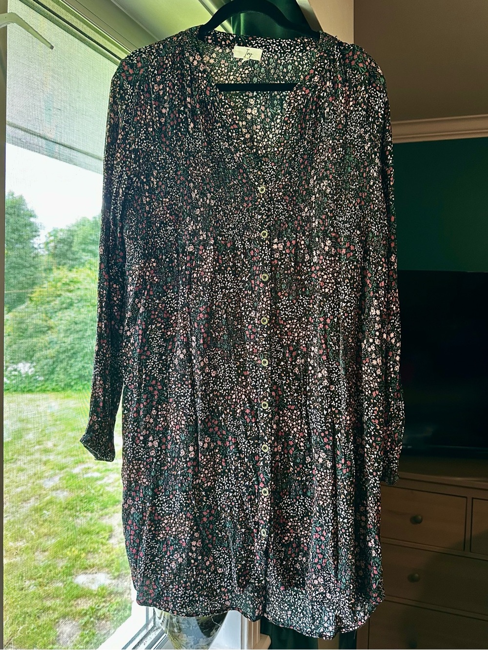 Long Sleeve Black Floral Button-Front Shirt Dress by Ivy